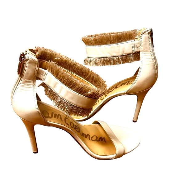 Sam Edelman Anabeth High Heels Sandals 8 Beige Leather Open Toe Zip Fringe - Picture 6 of 10
